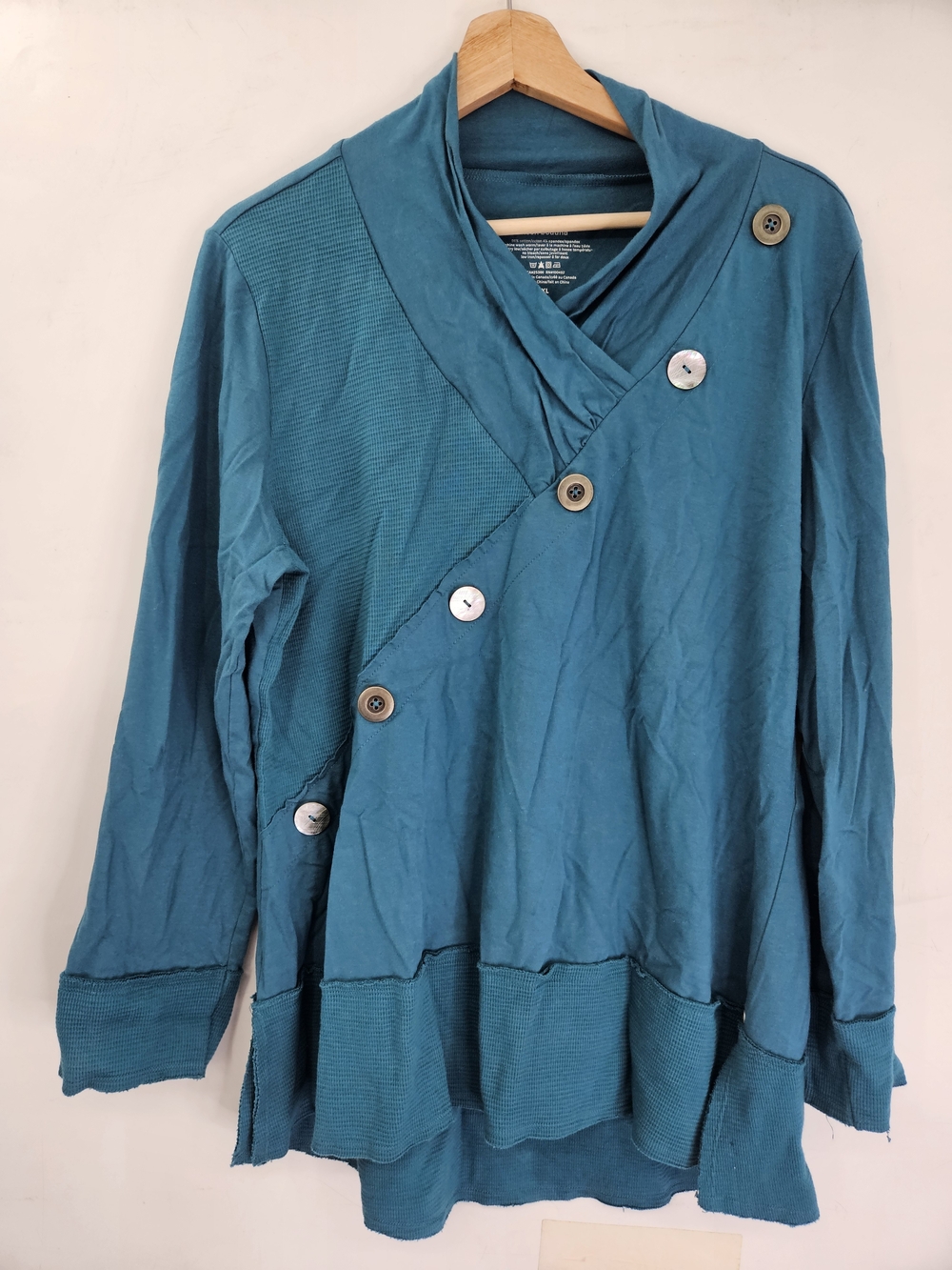 Neon Buddha Teal Button Accent Asymmetrical Sweatshirt Womens XL Pullover Casual